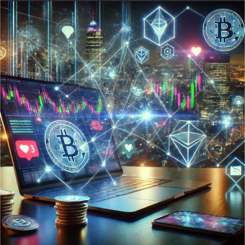 A glowing laptop showing crypto charts and social media activity, surrounded by holographic network connections spreading across digital platforms in a futuristic city.
