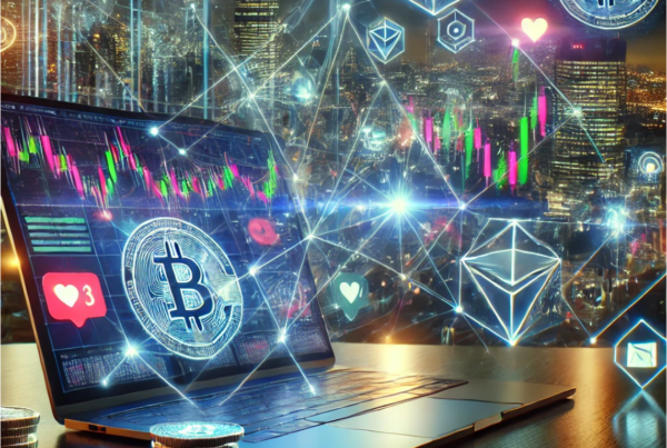 A glowing laptop showing crypto charts and social media activity, surrounded by holographic network connections spreading across digital platforms in a futuristic city.