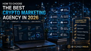 Professional crypto marketing agency dashboard showing SEO, community management, PR, influencer marketing, and Web3 growth strategies.