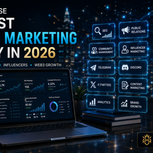 Professional crypto marketing agency dashboard showing SEO, community management, PR, influencer marketing, and Web3 growth strategies.