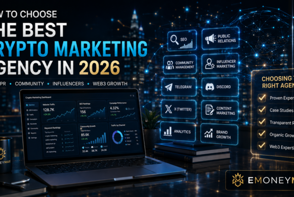 Professional crypto marketing agency dashboard showing SEO, community management, PR, influencer marketing, and Web3 growth strategies.